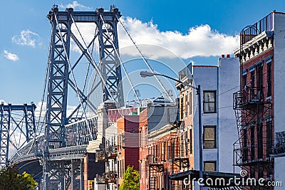 Brooklyn street scene with block of buildings near the Williamsburg Bridge in New York City Editorial Stock Photo