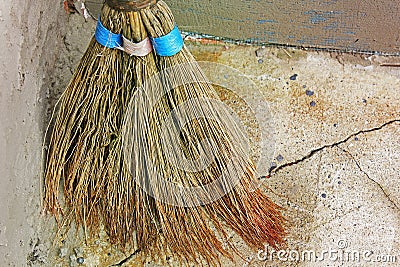 Broom for cleaning. Old broom Stock Photo