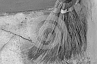 Broom for cleaning. Old broom Stock Photo