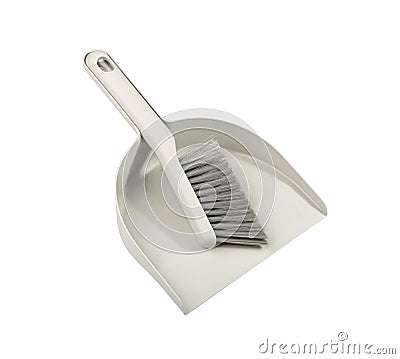 Broom and Dustpan Isolated, Grey Plastic Dust Pan with Brush for Carpet, Floor Cleaning Stock Photo