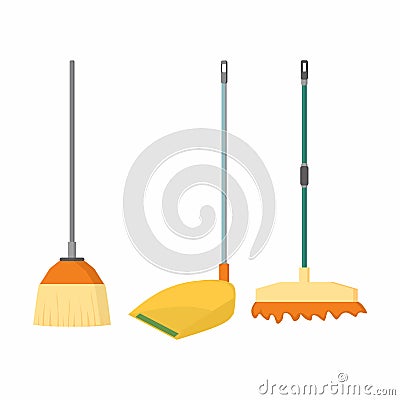 Broom, mop and dustpan vector cartoon flat icons. Household and house cleaning tools concept. Set of cleaning house supplies Vector Illustration