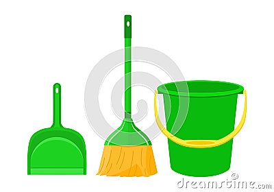 Broom scoop and bucket for house cleaning, isolated on white background vector Vector Illustration