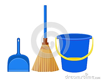 Broom scoop and bucket for house cleaning, isolated on white background vector Vector Illustration
