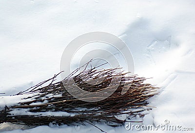 A broom for snow removal lies in a snowdrift. Stock Photo