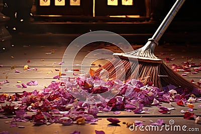 broom sweeping a floor with a trail of flower petals Stock Photo