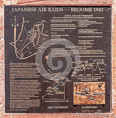 Japanese Air Raids Memorial plate, Broome Australia. Editorial Stock Photo