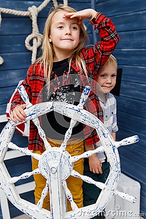 Brother and sister in studio Stock Photo