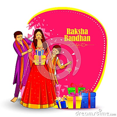 Brother and sister tying decorated Rakhi for Indian festival Raksha Bandhan Vector Illustration