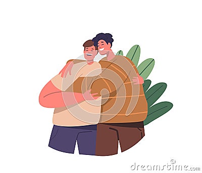 Brothers or Friends Characters Embrace In A Heartfelt Hug. Smiles And Warmth Exchanged, A Bond Unbroken By Time Vector Illustration