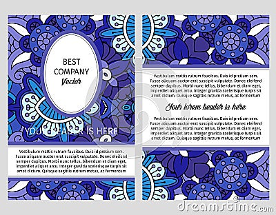 Brouchure with blue floral ornamental pattern. Vector Illustration