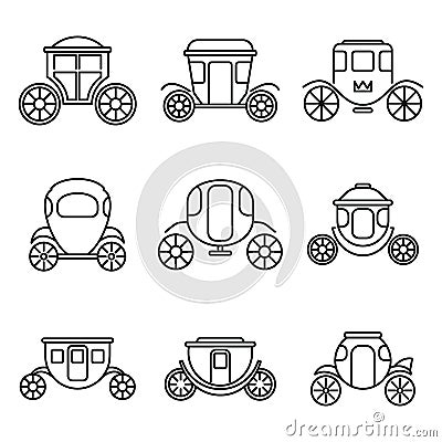 Brougham carriage icons set, outline style Vector Illustration