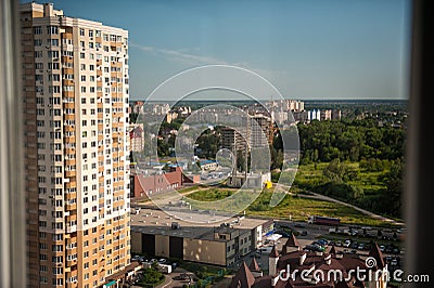 Brovary city view from upper floor of new district. Summer time in city near capital of Ukraine Kyiv. New district construction Stock Photo