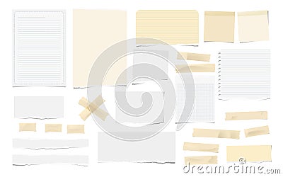 Brown adhesive, sticky, masking, duct tape pieces, white torn note, notebook paper for text are isolated on white Vector Illustration