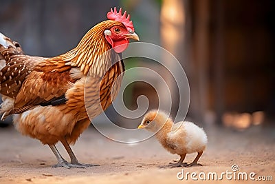 Brown mother hen teaches chick Stock Photo