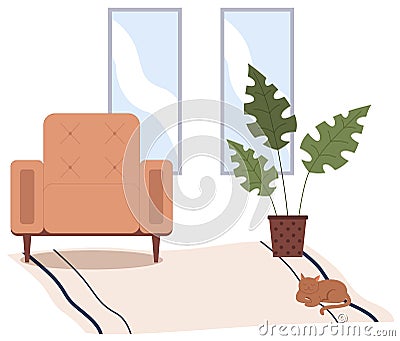 Brown armchair, potted plant on carpet with cat. Living room furniture design, modern home interior Stock Photo