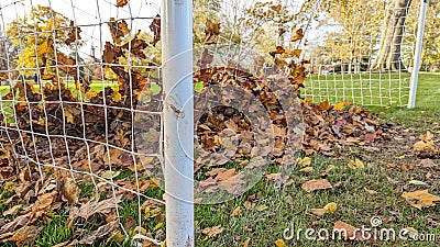 Brown autumn leafs blown into and caught in the back of a football goal net Stock Photo