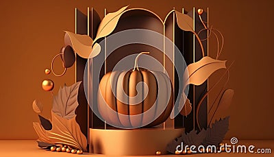brown background. Podium display with orange pumpkin Ai generative Stock Photo