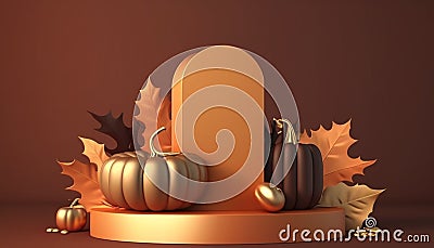 brown background. Podium display with orange pumpkin Ai generative Stock Photo