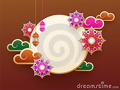 Brown banner or poster design decorated with islamic patterns, lanterns and blank circular frame. Stock Photo
