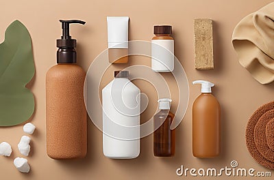 Brown Bathroom Bottle Mockup for Spa Shampoo, Shower Gel, and Liquid Soap. Stock Photo