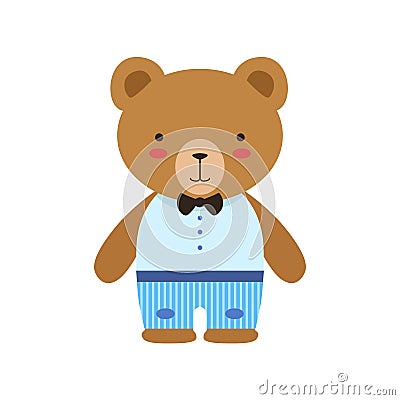 Brown Bear In Bow Tie, Blue Pants And White Top Cute Toy Baby Animal Dressed As Little Boy Vector Illustration