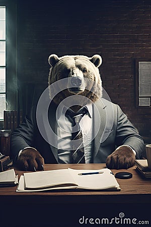a brown bear in a business suit sits at a table Stock Photo
