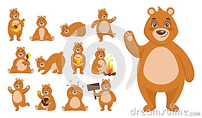 Brown bear character. Cute teddy. Animal actions and poses. Happy creature sleeping or dancing. Wild forest mammal Vector Illustration