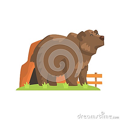 Brown Bear Coming Out Of Bear Den Standing On Green Grass Patch In Open Air Zoo Enclosure Vector Illustration