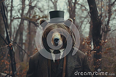 A brown bear dressed in a suit in the woods Stock Photo