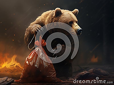 Brown bear fighting with a plastic bag Stock Photo