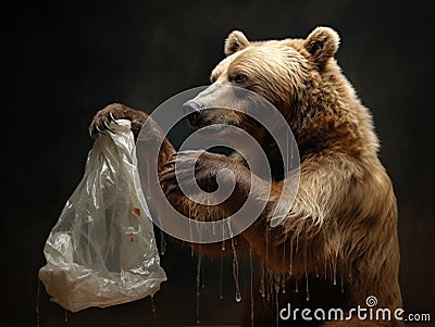 Brown bear fighting with a plastic bag Stock Photo