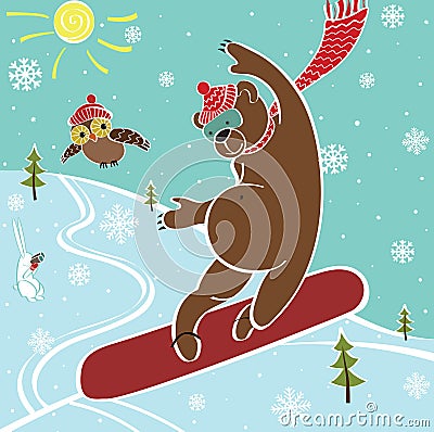 Brown bear jumps on snowboard.Humorous illustratio Vector Illustration