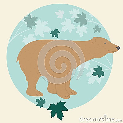 Brown bear in maple forest on blue background. Vector Illustration