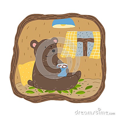 Brown bear sitting in his burrow, drinking cacao and looking at rain in window Vector Illustration