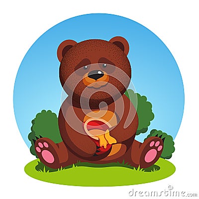 Brown bear sitting holding honey pot and eating Vector Illustration