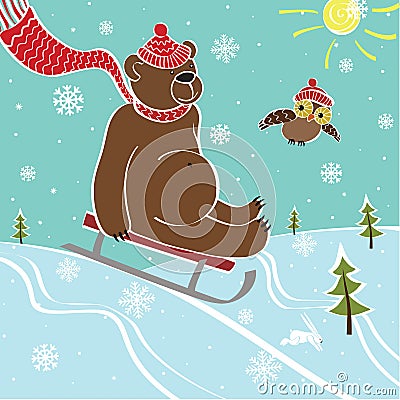 Brown bear sledding in nature.Humor illustration Vector Illustration