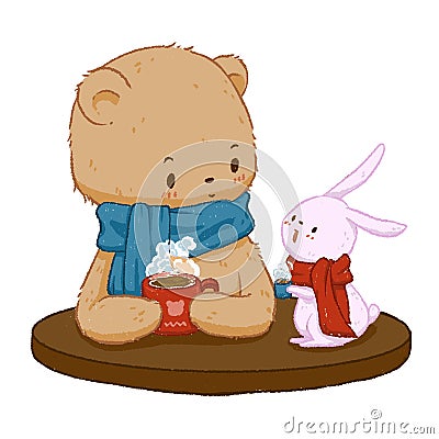 Brown bear tied blue scarf with pink rabbit tied red scarf sitting drinking hot chocolate. Illustration for children. Winter Stock Photo