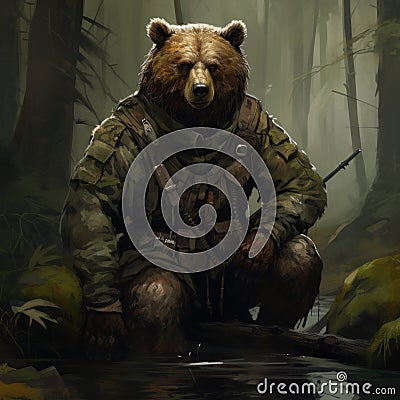 Brown bear in the woods, fully equipped in a battleground Stock Photo