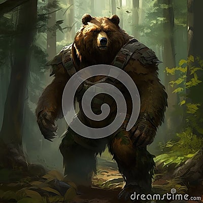 Brown bear in the woods, fully equipped in a battleground Stock Photo