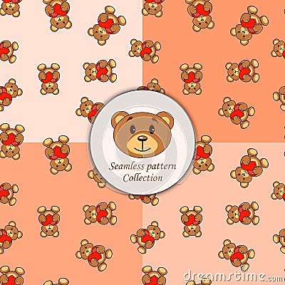 Brown bears with heart set of seamless patterns Stock Photo