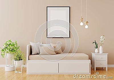 Brown bedroom interior with frame mockup, 3D rendering Stock Photo