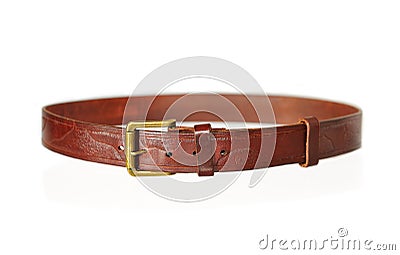 Brown belt with buckle isolated on white. Stock Photo