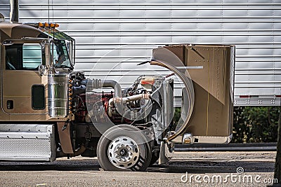 Brown big rig semi truck with open hood for checking that the engine is working properly during a stop in the delivery schedule Stock Photo