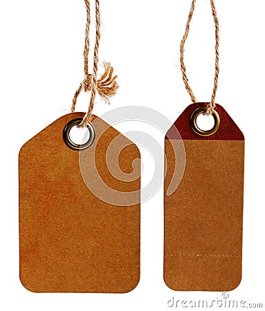 Brown blank cardboard price tags isolated on white Stock Photo