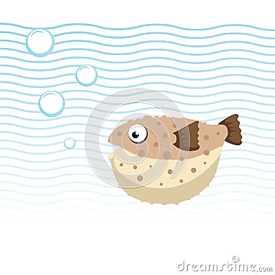 Brown blowfish cartoon character swimming underwater. Bubbles and waves. Vector Illustration