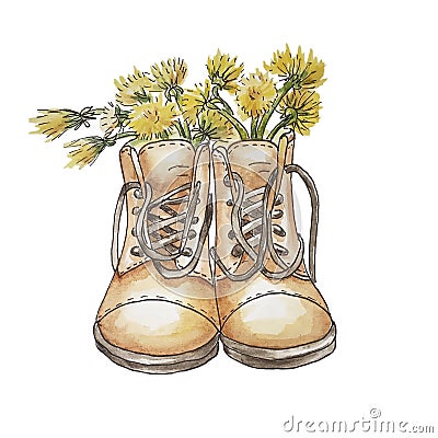 Brown boots like a vase for dandelions Stock Photo