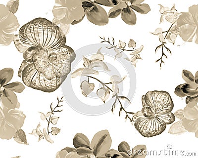 Brown Botanical Illustration. Colorless Orchid Wallpaper. Gray Hibiscus Background. Flower Print. Watercolor Foliage. Seamless Bac Stock Photo