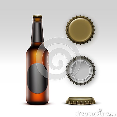 Brown Bottle Beer with Black label and Set of Caps Vector Illustration