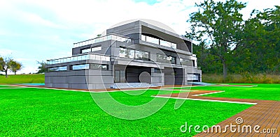 Brown brick tile walkway on the green lawn in the yard of the modern property finished with stone panels. 3d rendering Stock Photo