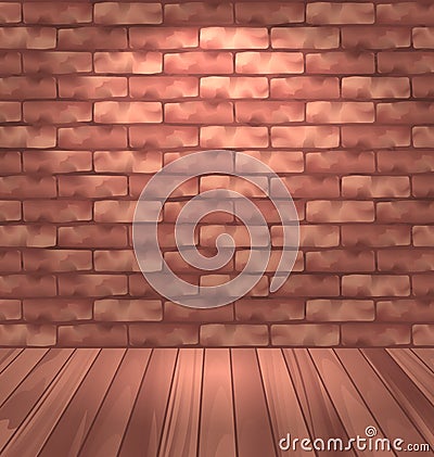 Brown brick wall with wooden floor, empty room interior with light Vector Illustration